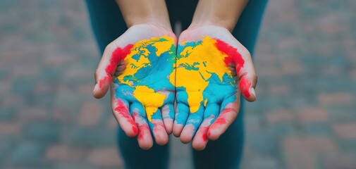 hands holding a colorful painted globe, symbolizing unity and environmental awareness.