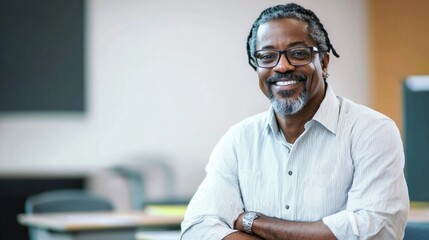 Poster - A cheerful male professor with glasses demonstrates warmth and approachability while seated at a desk in a vibrant classroom, fostering a lively educational atmosphere for students