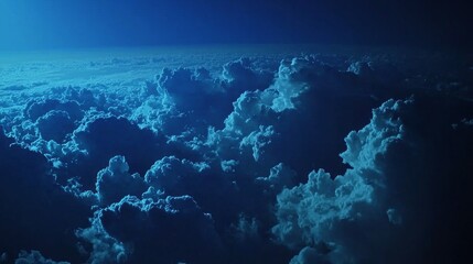 Poster - As twilight descends, the expansive sky is adorned with large, dark blue clouds swirling in a tranquil display. The atmosphere feels serene and mystical, inviting introspection