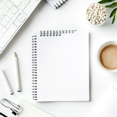 Poster - A white notebook sits on a table with a pen and a cup of coffee