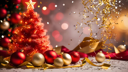 Fototapete - Christmas and Happy New Year Background with Snowflakes on red background generative AI tools