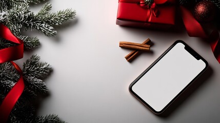 Poster - Flat lay of smartphone, Christmas gift, fir branches, cinnamon sticks, and red ribbon on white background.