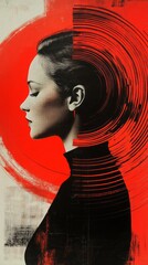 Poster - A striking profile of a woman with a unique hairstyle is set against an abstract background of red and black circles, creating a bold visual impact