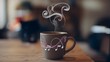 © happie - Coffee mug with curling steam forming abstract patterns on a wooden surface