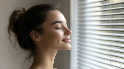 Wall Mural - Woman looking out of the window with serene expression