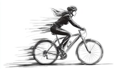 Wall Mural - continuous line art illustration of a female city cyclist in motion, detailed in black linear design
