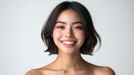 Wall Mural - A youthful Asian woman with a bob haircut smiles brightly, showcasing her natural beauty against a plain white background.