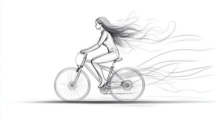 Wall Mural - continuous line art illustration of a female city cyclist in motion, detailed in black linear design
