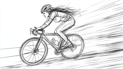 Wall Mural - continuous line art illustration of a female city cyclist in motion, detailed in black linear design
