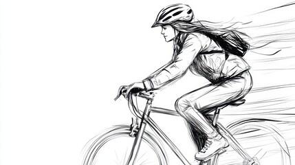 Wall Mural - continuous line art illustration of a female city cyclist in motion, detailed in black linear design