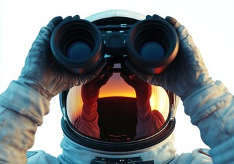 Wall Mural - an astronaut gazes through binoculars, reflecting a sunset in their visor.
