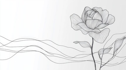 Wall Mural - continuous line art of a blooming rose, drawn in a minimalist black linear style, isolated on white.