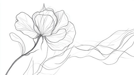 Wall Mural - continuous line art of a blooming rose, drawn in a minimalist black linear style, isolated on white.