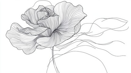 Wall Mural - continuous line art of a blooming rose, drawn in a minimalist black linear style, isolated on white.