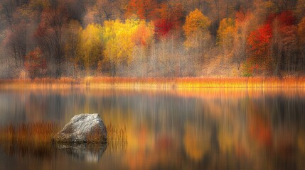 Wall Mural - serene autumn landscape reflecting vibrant foliage in calm water.