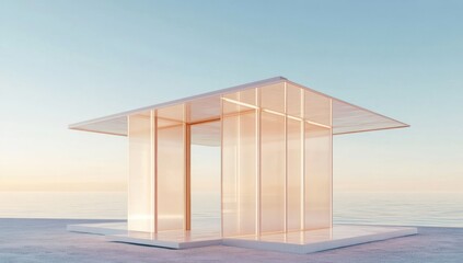 Wall Mural - a minimalist glass structure on a serene waterfront at sunset.