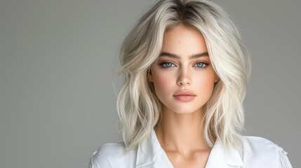 Wall Mural - Professional studio shot of a blonde model with voluminous platinum hair styled into soft waves. The lighting highlights the texture and movement of the hair, and the model wears a simple white 