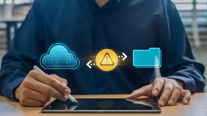 Leinwandbilder - Interactive Cloud File and Folder Transfer with Warning Notifications, Emphasizing Data Security, Encryption, and Backup Solutions for Effective Cyber Risk Management.