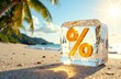 © Ольга Симонова - Neon glowing gold percentage sign in ice cube on seashore with tropical palm trees in light of sun, tourist background. Hot summer sale and discounts,  burning tour banner, flyer.