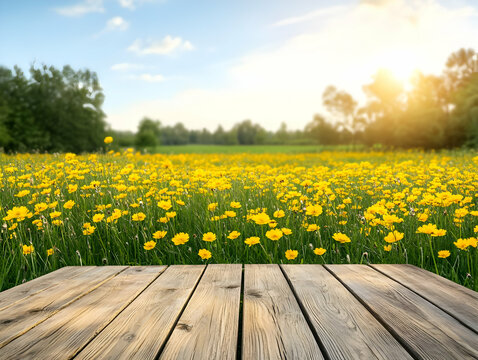 Yellow Flower Field Wooden Deck Background Illustration