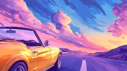 Poster - A vibrant sunset scene featuring a yellow convertible on an open road.