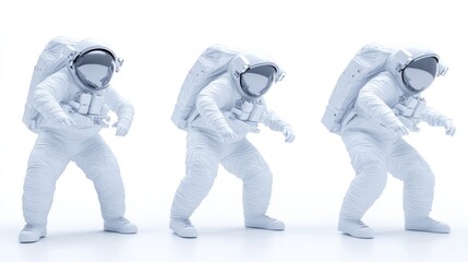 Wall Mural - three astronauts in white suits posed against a minimalist background.
