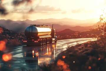 Poster - A tanker truck drives along a wet road at sunset, surrounded by mountains and nature.