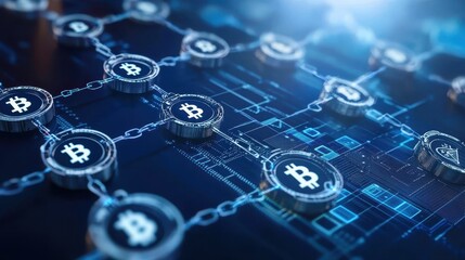 Detailed Analysis of Blockchain Technology Showing Bitcoin Symbols Connected by Chain Links and Illuminated Background in Digital Finance Concept