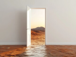 Wall Mural - an open door reveals a surreal landscape with water and mountains at sunset.