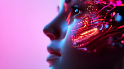 Wall Mural - Futuristic woman's face with glowing circuitry.