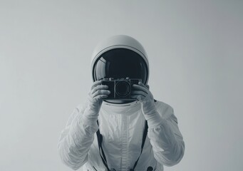 Wall Mural - an astronaut in a spacesuit holds a vintage camera, capturing a moment in space.
