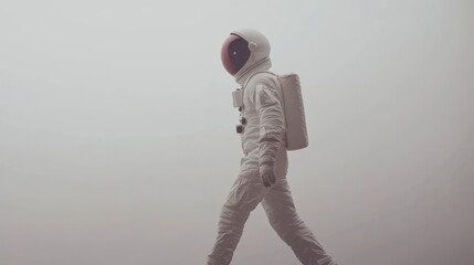 Wall Mural - an astronaut walks through a foggy landscape, symbolizing exploration and discovery.