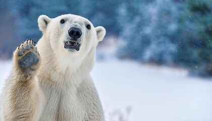 charming white polar bear waving joyfully in snowy winter wonderland for arctic holiday card