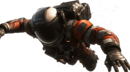 Wall Mural - a futuristic astronaut in a space suit, appearing to float or fly through space.