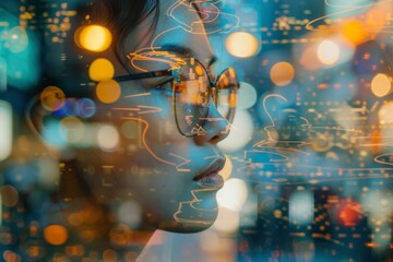 Leinwandbilder - Insightful Portrait of a Thoughtful Person Surrounded by Colorful Data Visualizations in a Modern Urban Setting at Night