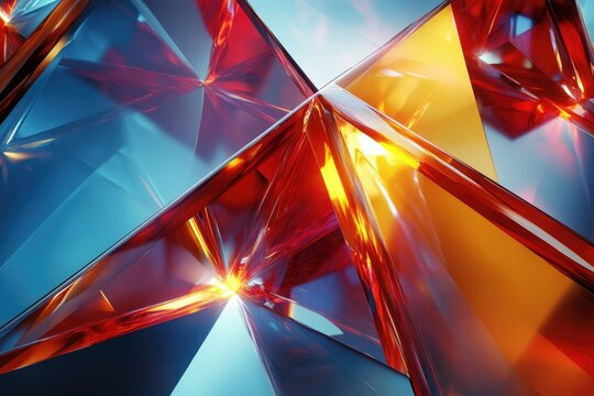 Abstract artwork featuring vibrant red and blue glass pyramids with glowing facets.