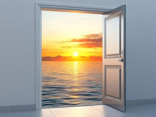 Wall Mural - an open door reveals a beautiful sunset over calm ocean waters.