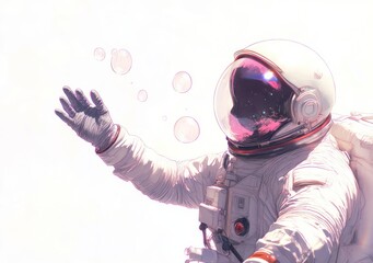 Wall Mural - an astronaut reaches out to floating bubbles in a dreamy, space-like environment.