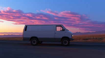 Poster - A white van parked on a roadside during sunset, with colorful clouds in the sky.