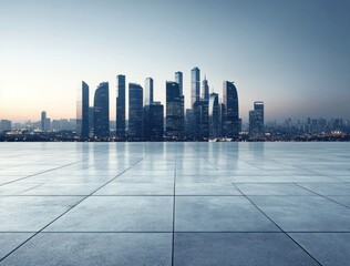 Wall Mural - a modern city skyline at dawn with a clear floor in the foreground.