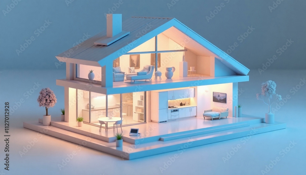 3D model of smart home, cutaway view, interior lighting, IoT devices ...