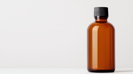 Poster - Amber glass bottle with black cap standing on white background