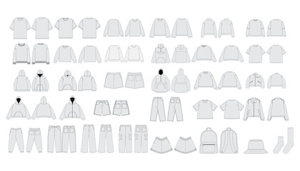 set of clothing mockup template - apparel vector mockups bundle streetwear tech pack template street