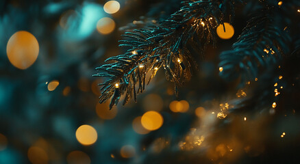 Poster - Bright lights adorn evergreen branches creating a festive atmosphere during the holiday season