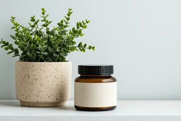 Poster - Amber supplement jar with blank label and plant promoting wellness and self-care