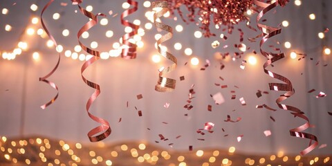 Aufkleber - A Festive Backdrop of Pink and Gold Confetti and String Lights Falling in Front of a Blurred Background