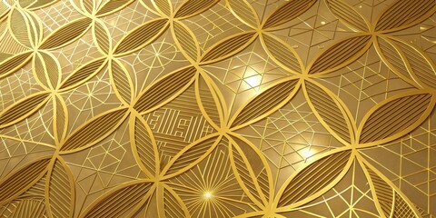 Fototapete - A intricate golden geometric pattern with overlapping circles, lines, and shapes creating an elegant and sophisticated design