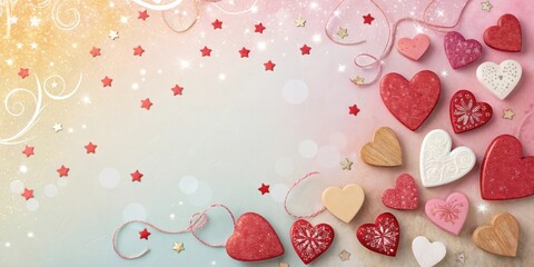 Poster - A Romantic Valentine's Day Background with a Festive Arrangement of Red and White Hearts and Gold Stars