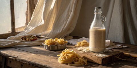 Poster - A Simple Still Life of Uncooked Pasta, Cream, and Flour on a Rustic Wooden Table