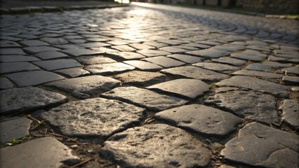 Poster - A close-up of a cobblestone path with sunlight illuminating the stones, casting a warm glow on the textured surface.